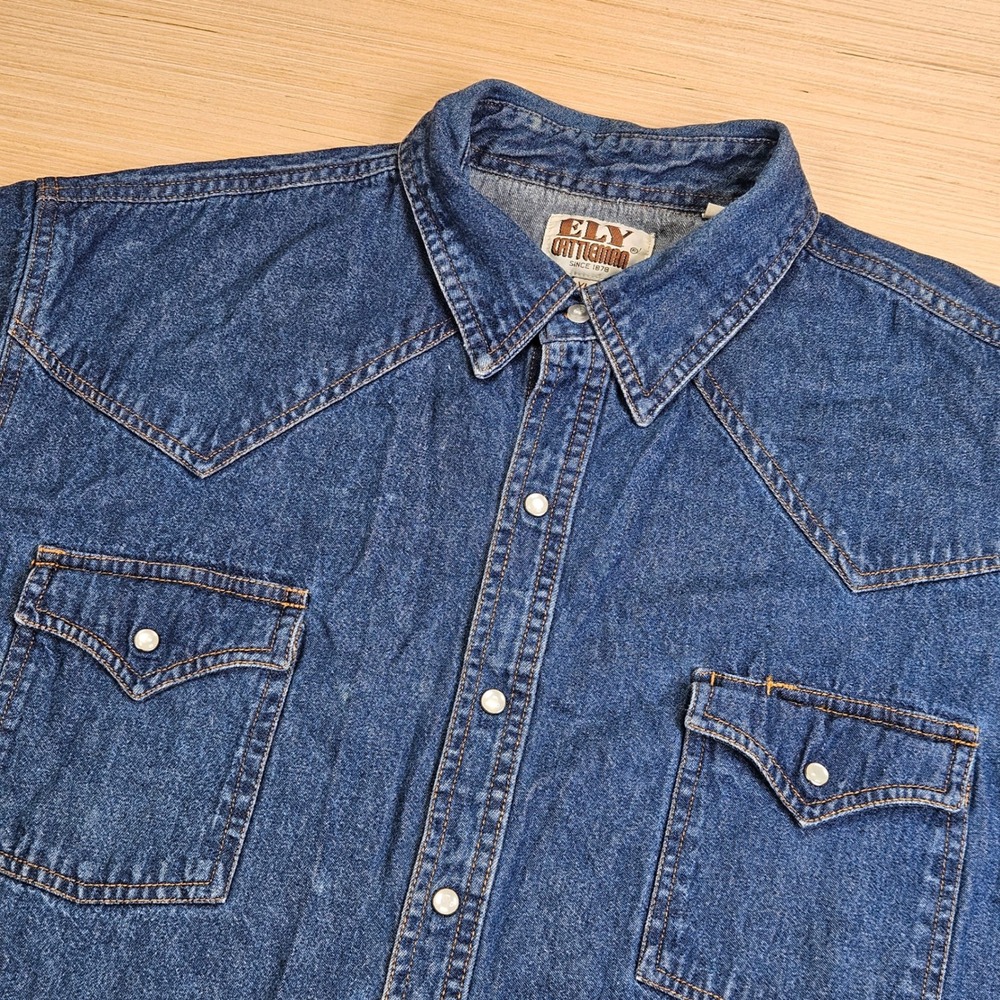 Ely Cattleman Denim Pearl Snap Shirt Mens XL Blue Short Sleeve Western Cowboy